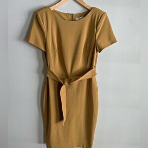 Calvin Klein Camel Sheath Dress Size 8 Belted Neutral Workwear Classic